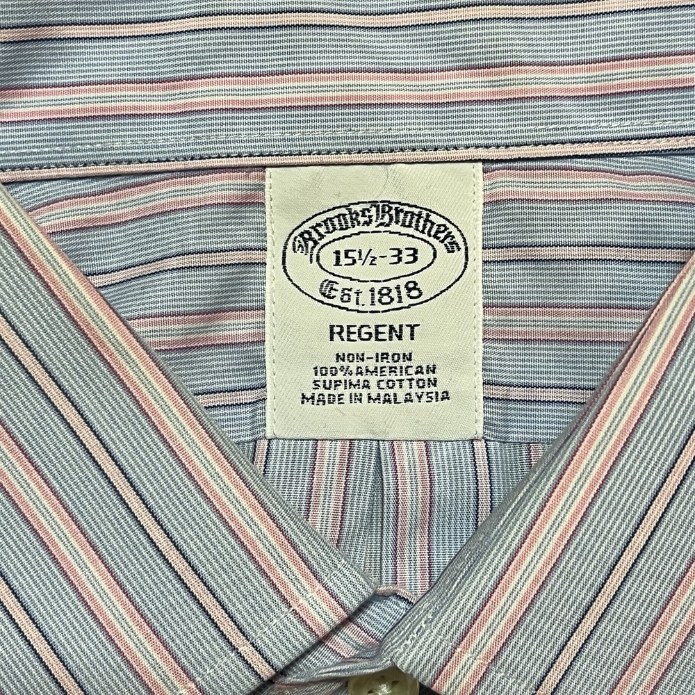 Brooks Brothers Shirt Mens 15.5 33 Blue Pink Plaid Striped Non-Iron French Cuff - Picture 3 of 10